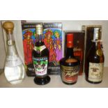 Two bottles Grande Creme de Cassis, one bottle Tia Maria, one bottle (decanter) Teroldego, one