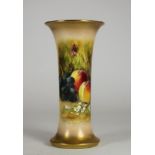 A ROYAL WORCESTER CHINA VASE, 1926, of cylindrical form with flared rim and base, painted in colours