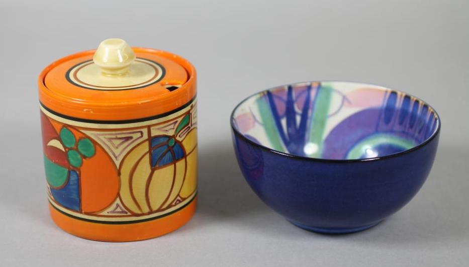 A CLARICE CLIFF WILKINSON POTTERY FANTASQUE PRESERVE JAR AND COVER, 1930's, of plain cylindrical