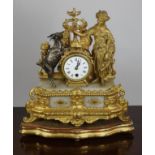 A FRENCH GILT METAL AND ALABASTER TIMEPIECE, late 19th century, the drum movement with 3" enamel