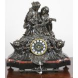 A FRENCH BRONZE AND MARBLE MANTEL CLOCK, late 19th century, the twin barrelled drum movement with 3"