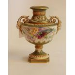 A ROYAL WORCESTER CHINA VASE, 1908, of baluster form on a knopped socle and canted square foot,