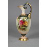 A ROYAL WORCESTER CHINA EWER, 1909, of lobed slender ovoid form, with high loop earred handle,