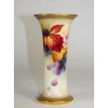 A ROYAL WORCESTER CHINA VASE, 1936, of cylindrical form with flared rim and base, painted in colours