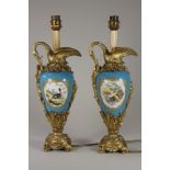 A PAIR OF SEVRES STYLE PORCELAIN GARNITURE EWERS, late 19th century, of rounded conical form,