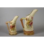 TWO GRADUATED ROYAL WORCESTER CHINA "TUSK" JUGS, 1901 and 1908, painted in colours with loose posies