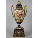 A VIENNA PORCELAIN GARNITURE VASE AND COVER, late 19th century, the high domed pierced cover with