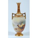 A ROYAL WORCESTER CHINA VASE, 1919, of ovoid form with high neck and two angular handles, painted in