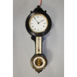 A VICTORIAN EBONISED WALL CLOCK with barometer, the clock with cylinder spring movement, 3 1/2"