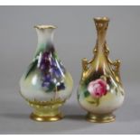 A ROYAL WORCESTER CHINA SMALL VASE, 1908, of rounded tapering cylindrical form with quatrefoil neck,