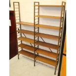 A STAPLES LADDERAX STACKING SYSTEM, comprising eighteen teak shelves on five bronzed metal