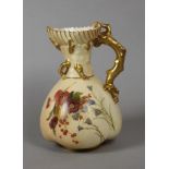 A ROYAL WORCESTER CHINA JUG, 1901, of lobed ovoid form with coral twig handle, painted in colours