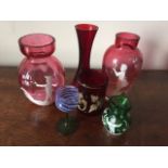 Six small items of coloured glassware inc. Mary Gregory