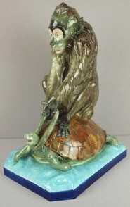 Rare good quality majolica figure by Copeland "Sloth and Mischief" after the original by L A
