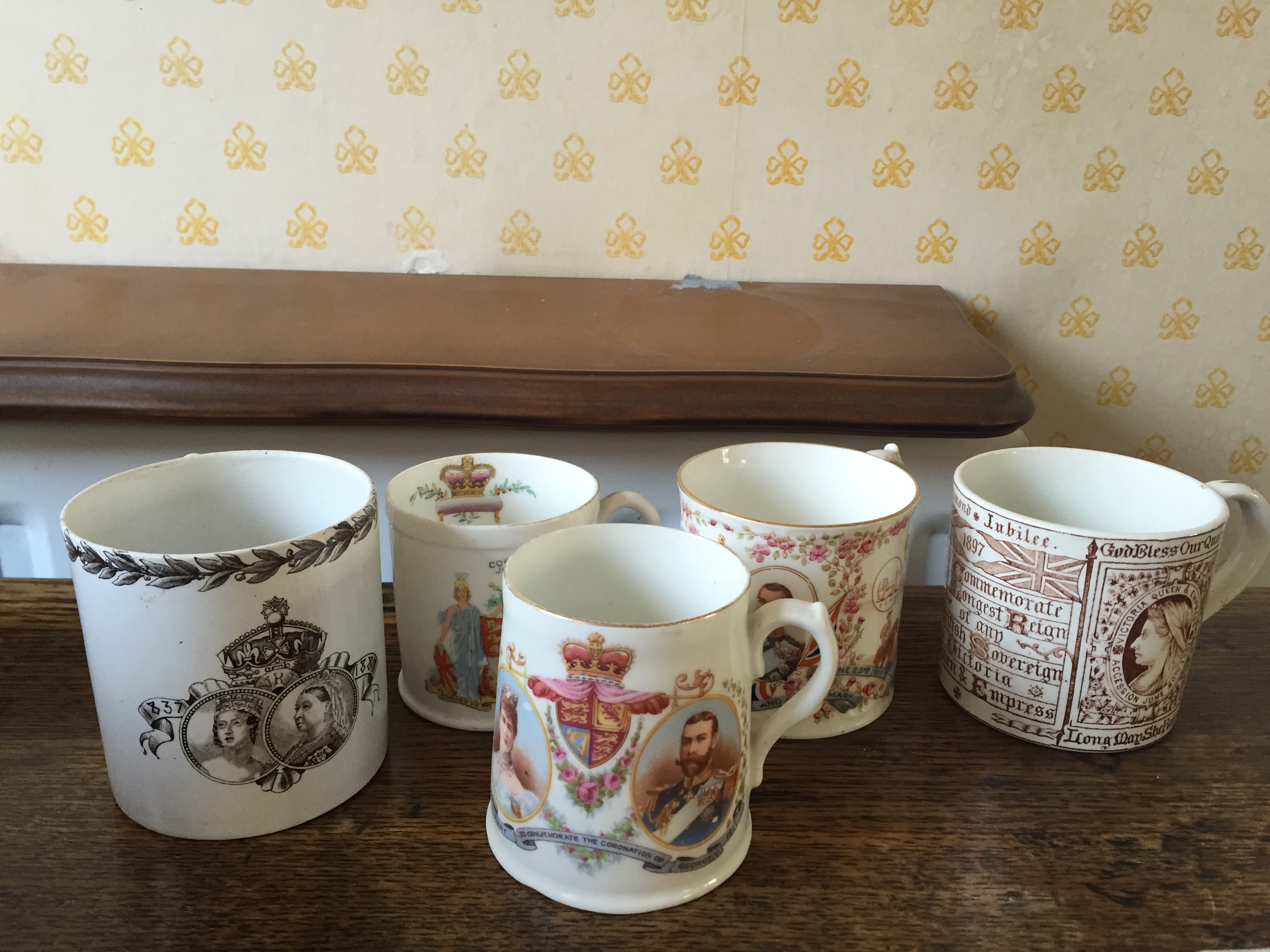 Five Royal commemorative mugs including Copeland.