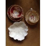 Two 19th c floral cups and saucers and a white cabbage bowl a/f