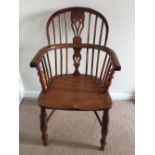 Good 19th c yew wood windsor chair signed in pencil W Pagett