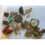 A quantity of mainly silver items of jewellery including cufflinks, chains, brooches, amber etc.