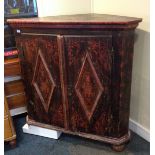 Large continental decorated pine freestanding corner cupboard.