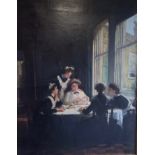 FRED ELWELL "The Little Visitor" oil on canvas painting of a mother and baby returning to the