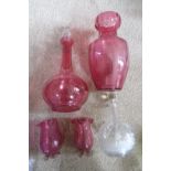 Five pieces glassware including Mary Gregory decanter etc.