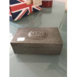 Hammered pewter two compartment cigarette case by James Dixon with roundel to lid of pointers