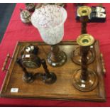 Oak tray, two candlesticks ,lamp and a clock.