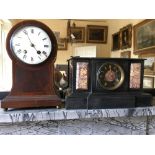 Edwardian mahogany mantle clock together with black slate mantle clock.