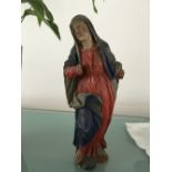 Good quality early carved wood religious figure with polychrome decoration (hands missing) 34 cms