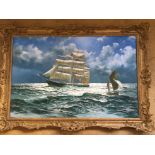 J STEVEN DEWS oil on canvas sailing ships at sea 60 x 90 cms