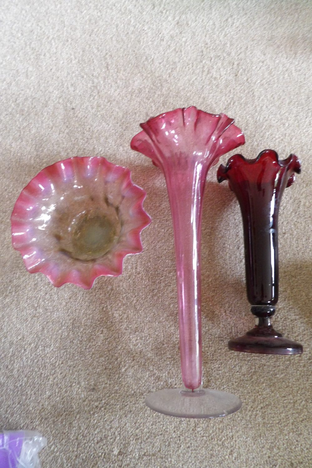 Three coloured glass vases, 19thc.