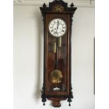 Double weight Vienna wall clock, walnut and ebonised 106 cms high.