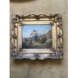 Oil on board landscape "Gleaners" inscribed obverse in original gilt frame.