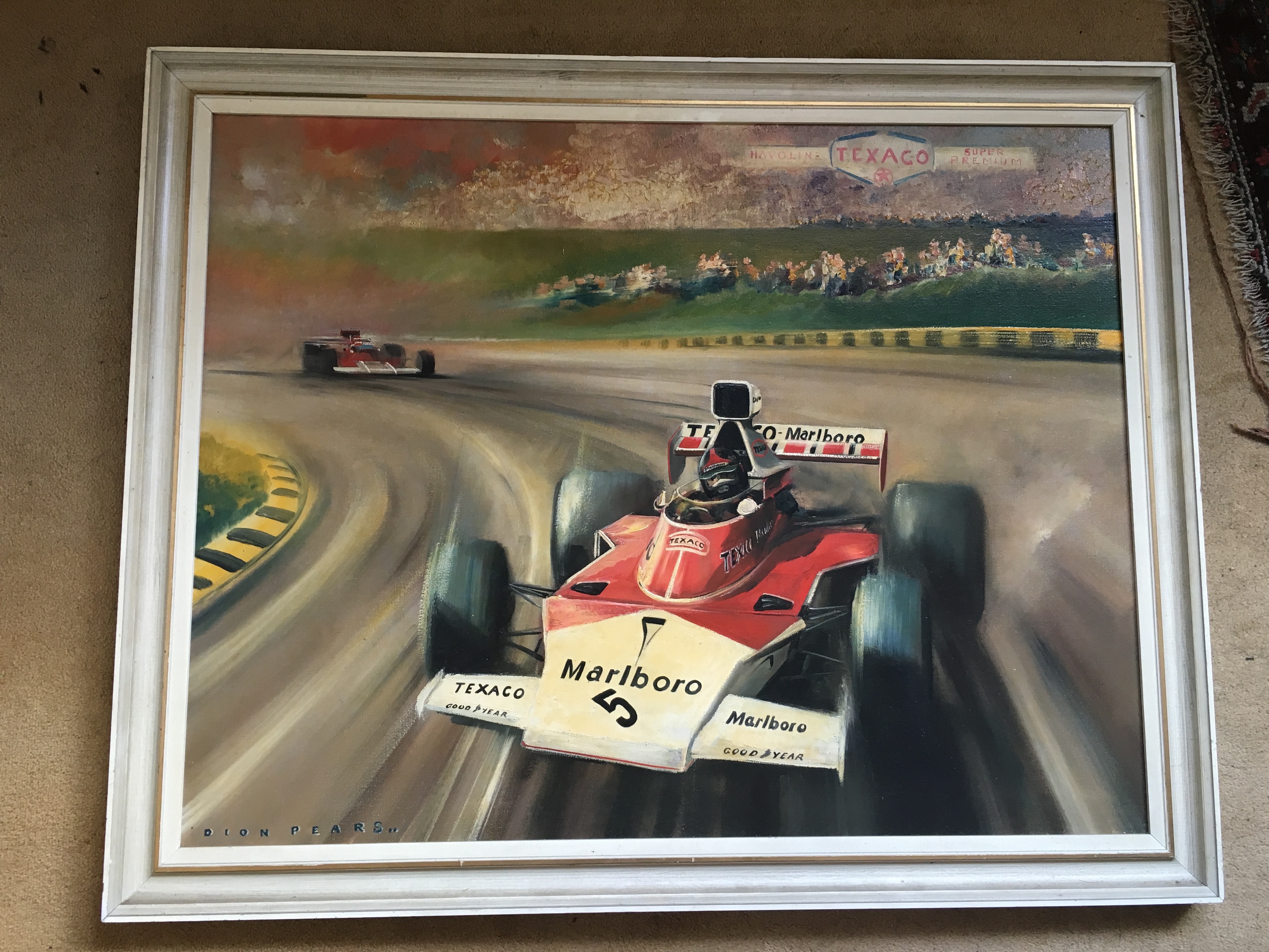 DION PEARS oil on canvas Marlboro 5 racing car driven by Emerson Fittipaldi 70 x 90