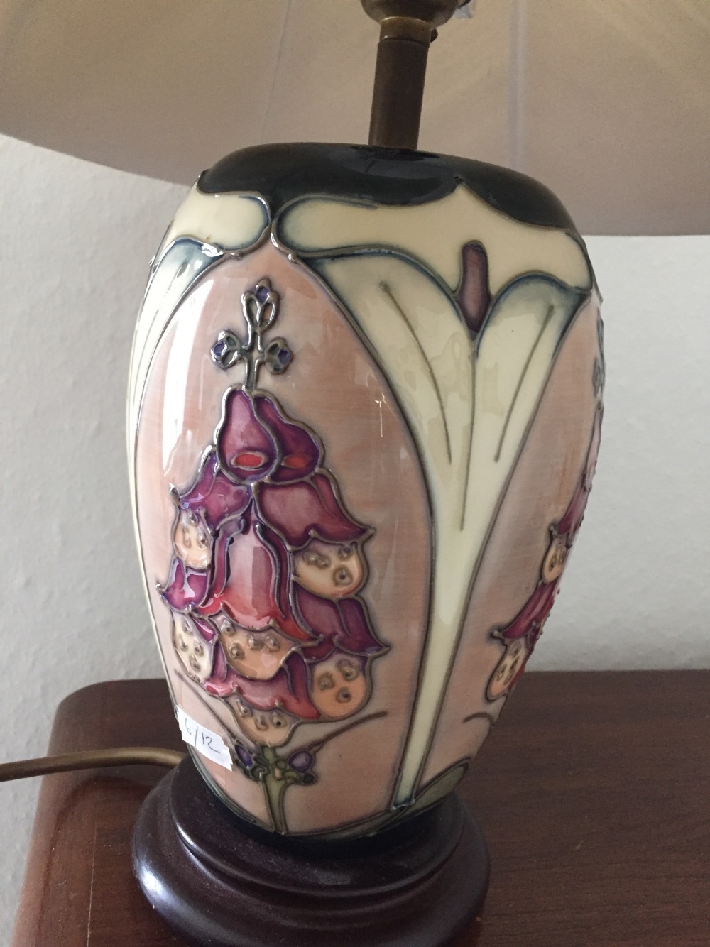 Moorcroft pottery lamp base, foxglove pattern, pot height 19cms.