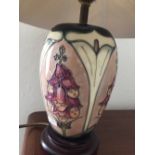 Moorcroft pottery lamp base, foxglove pattern, pot height 19cms.