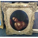 Oil on metal oval portrait of a lady "deshabille" in ornately decorated gilt frame with lable on the