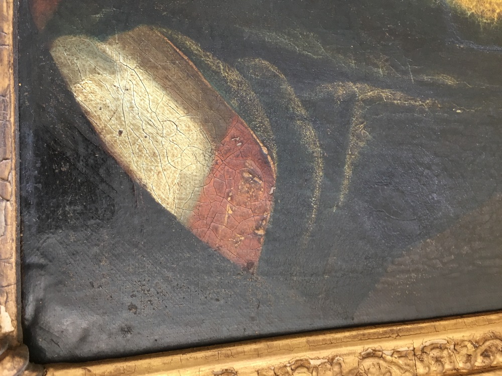 An 18thC portrait of a lady, oil on canvas in original swept gilt frame (bad tear and repair ( - Image 4 of 4