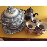 Large tureen, 3 ironstone jugs and a patent teapot.