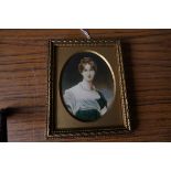 Oval portrait miniature young lady In green dress c1810 on ivory 8cms