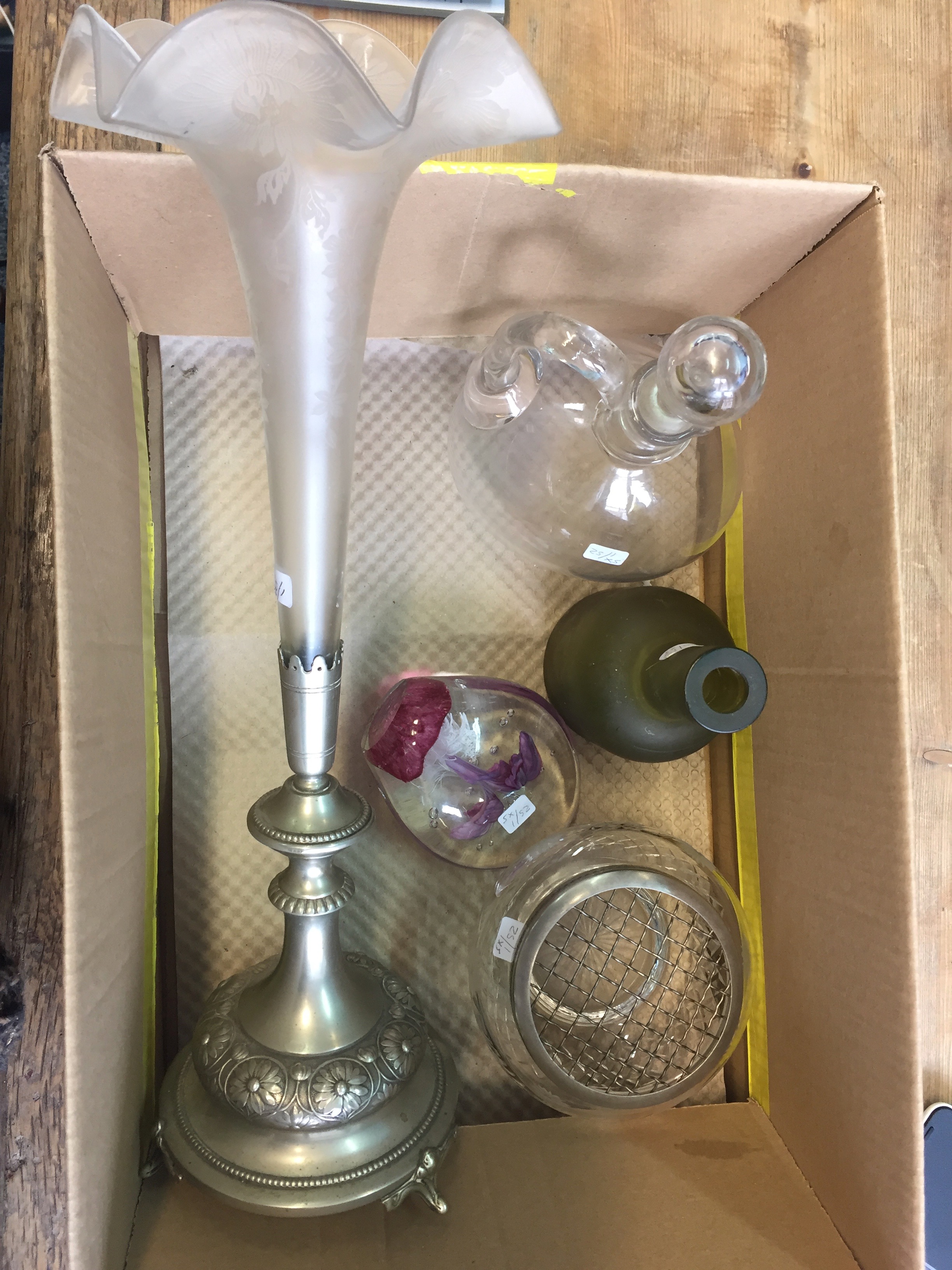 Boxed lot of glass including epergne, paperweight, decanter etc.