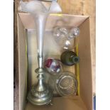 Boxed lot of glass including epergne, paperweight, decanter etc.