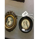 Two portrait miniatures of ladies on ivory, one in gilt metal frame, the other ebonised.