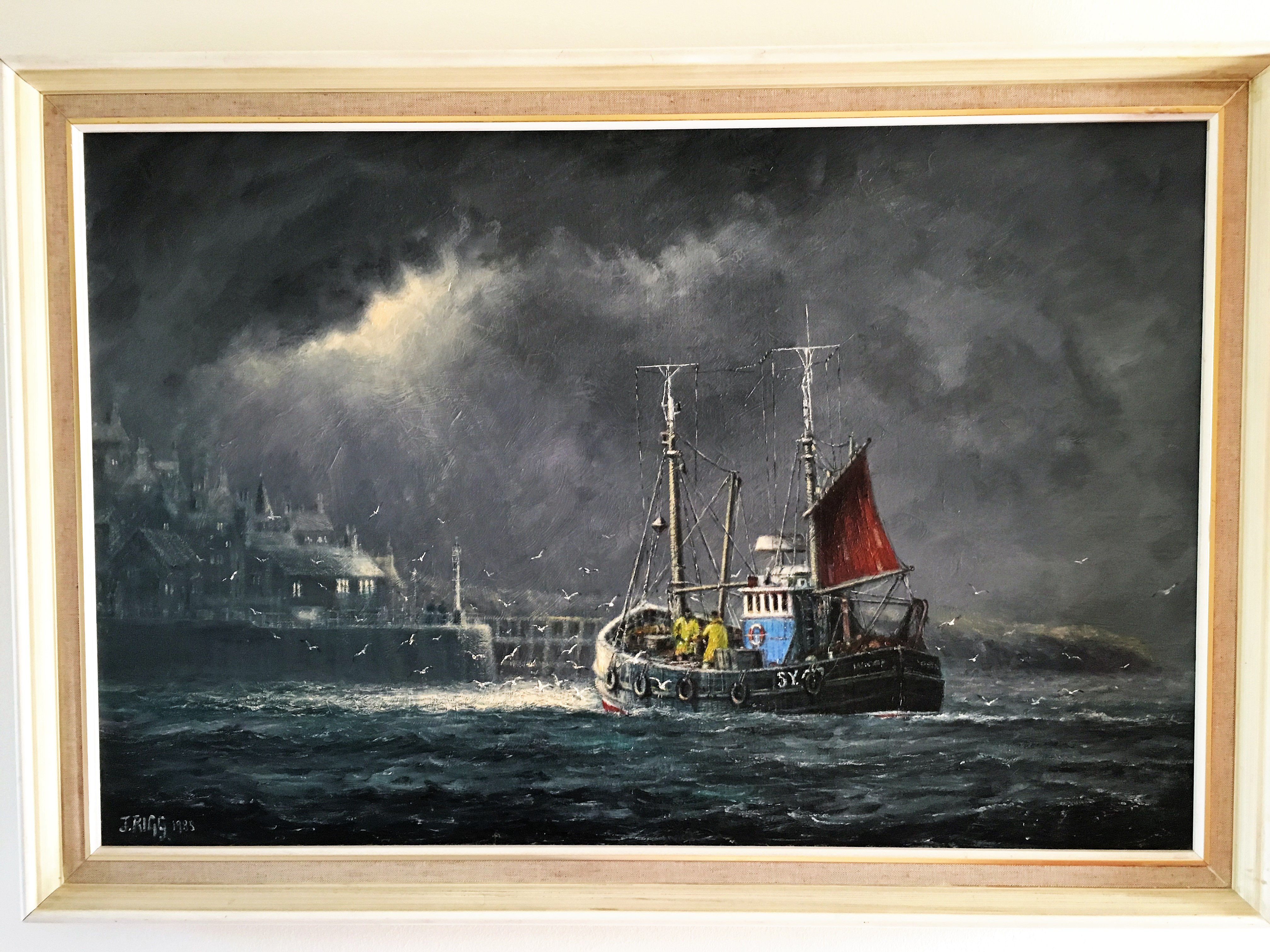Jack Rigg oil on canvas Fishing Boat Coming Home. 50x75cms.