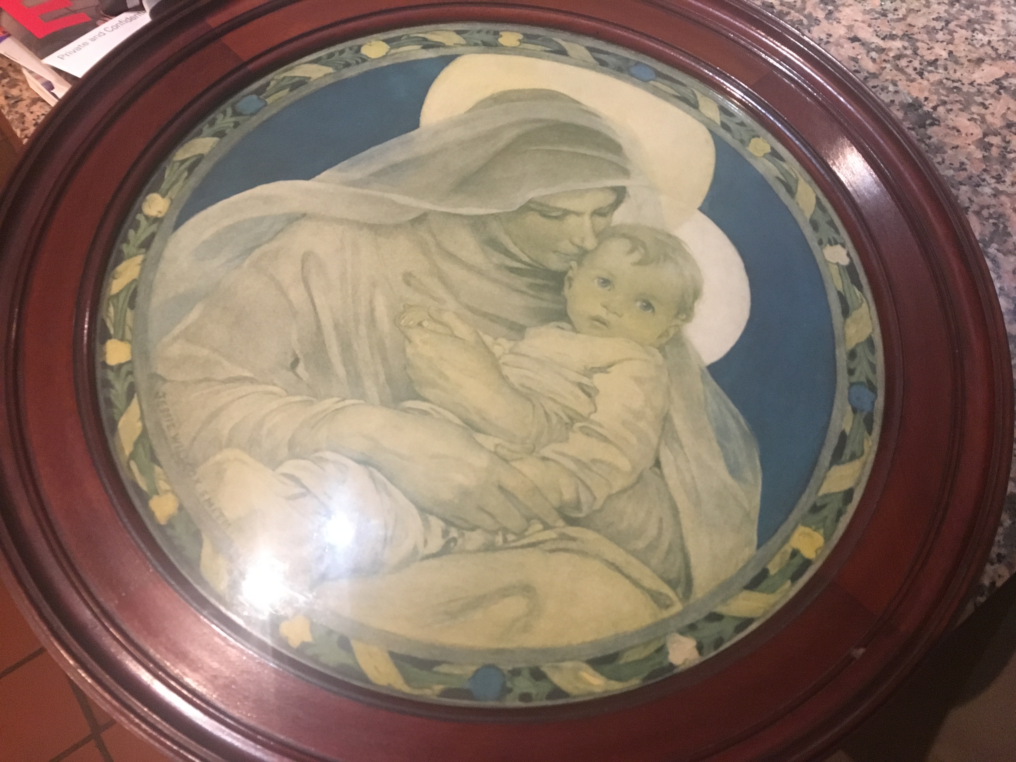 Jessie Wilcox Smith print in round mahogany frame. (artist who illustrated the Water Babies)