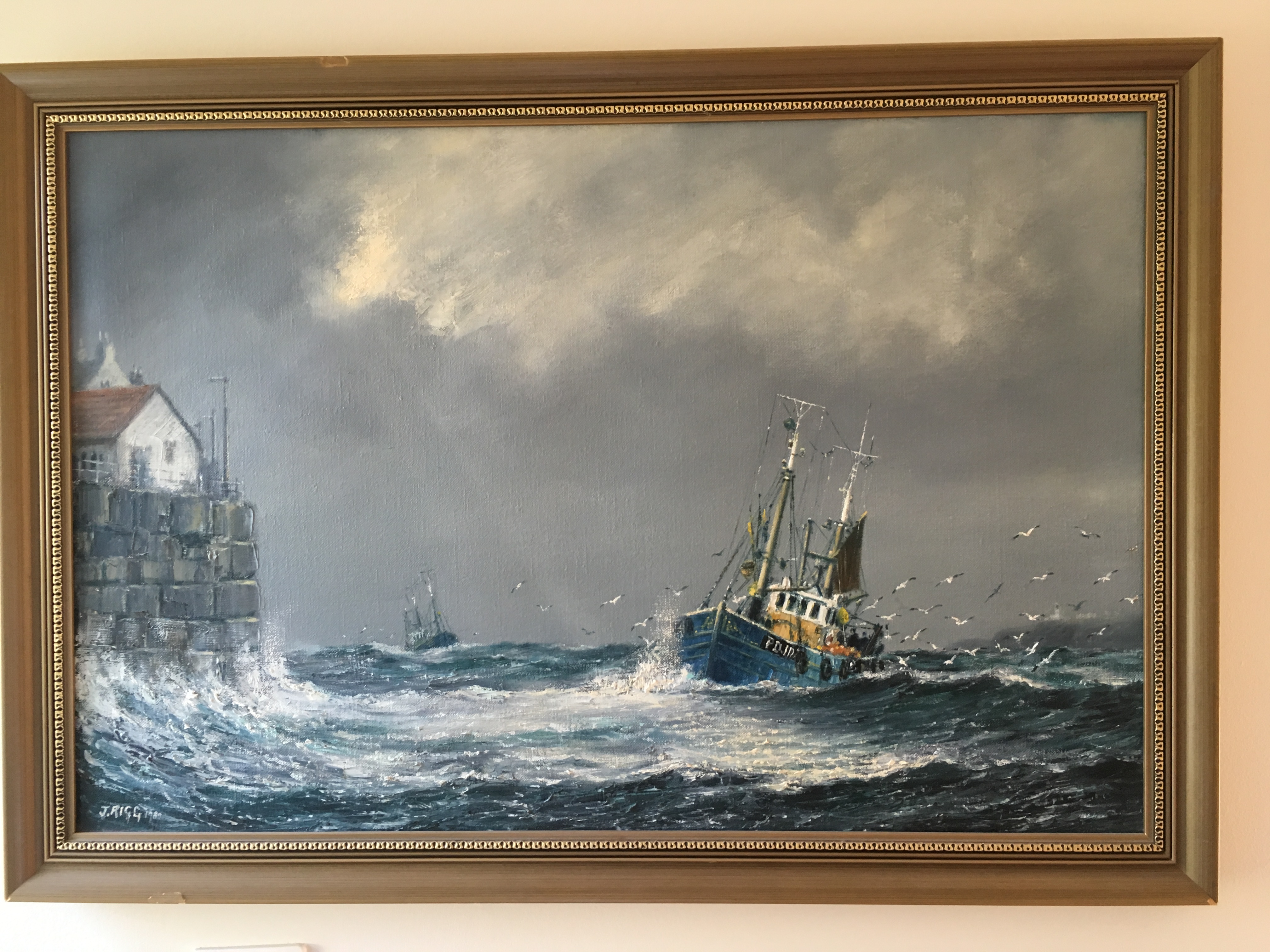 Jack Rigg oil on canvas Fishing Boat Coming Home. 50x75cms