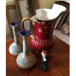 Crown Fielding jug, Royal Doulton figure and a pair of Royal Doulton Stoneware vases.