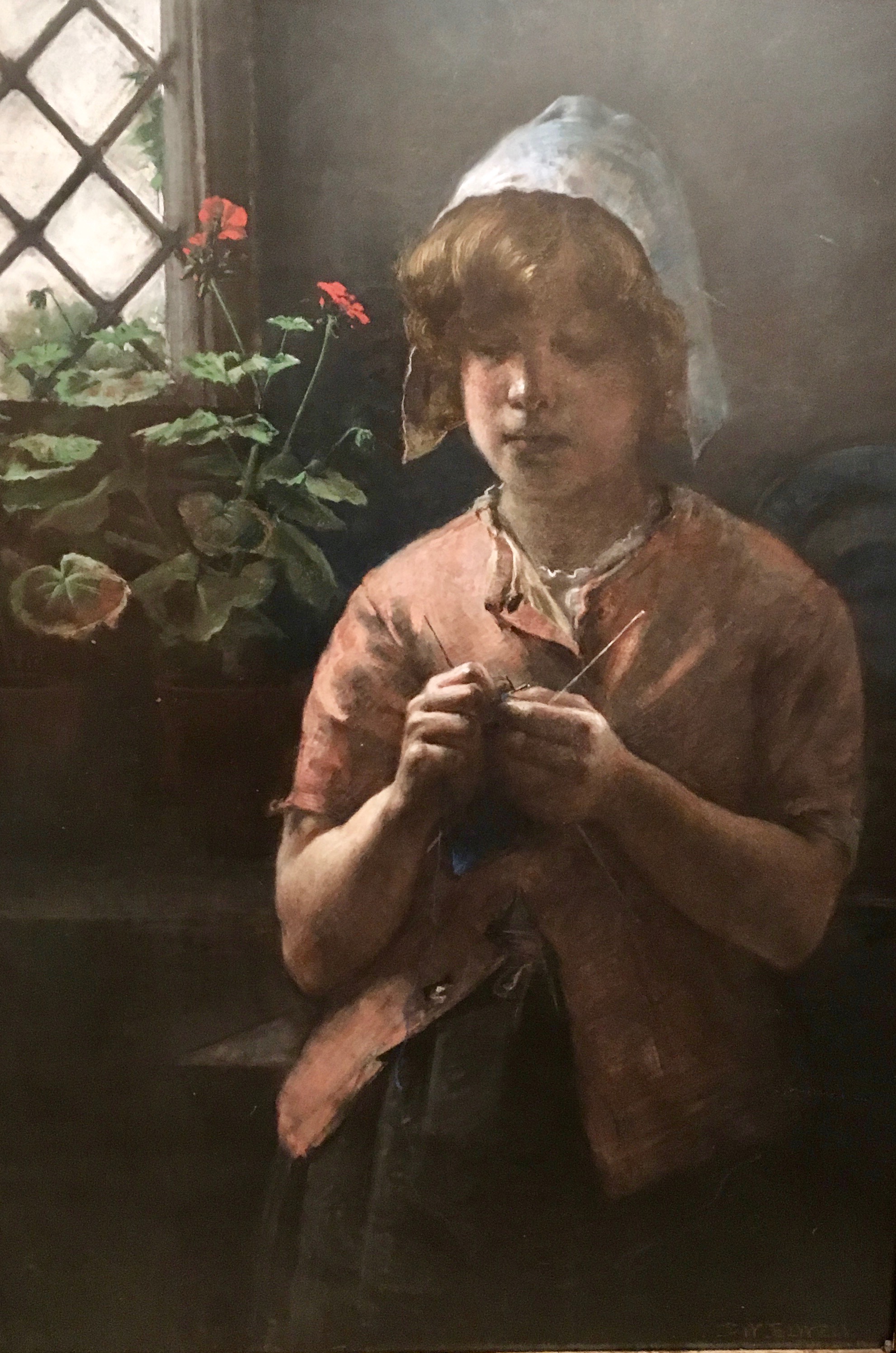 FRED ELWELL Pastel portrait of a young girl knitting signed "Turning the heel" 96 x 71