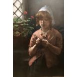 FRED ELWELL Pastel portrait of a young girl knitting signed "Turning the heel" 96 x 71