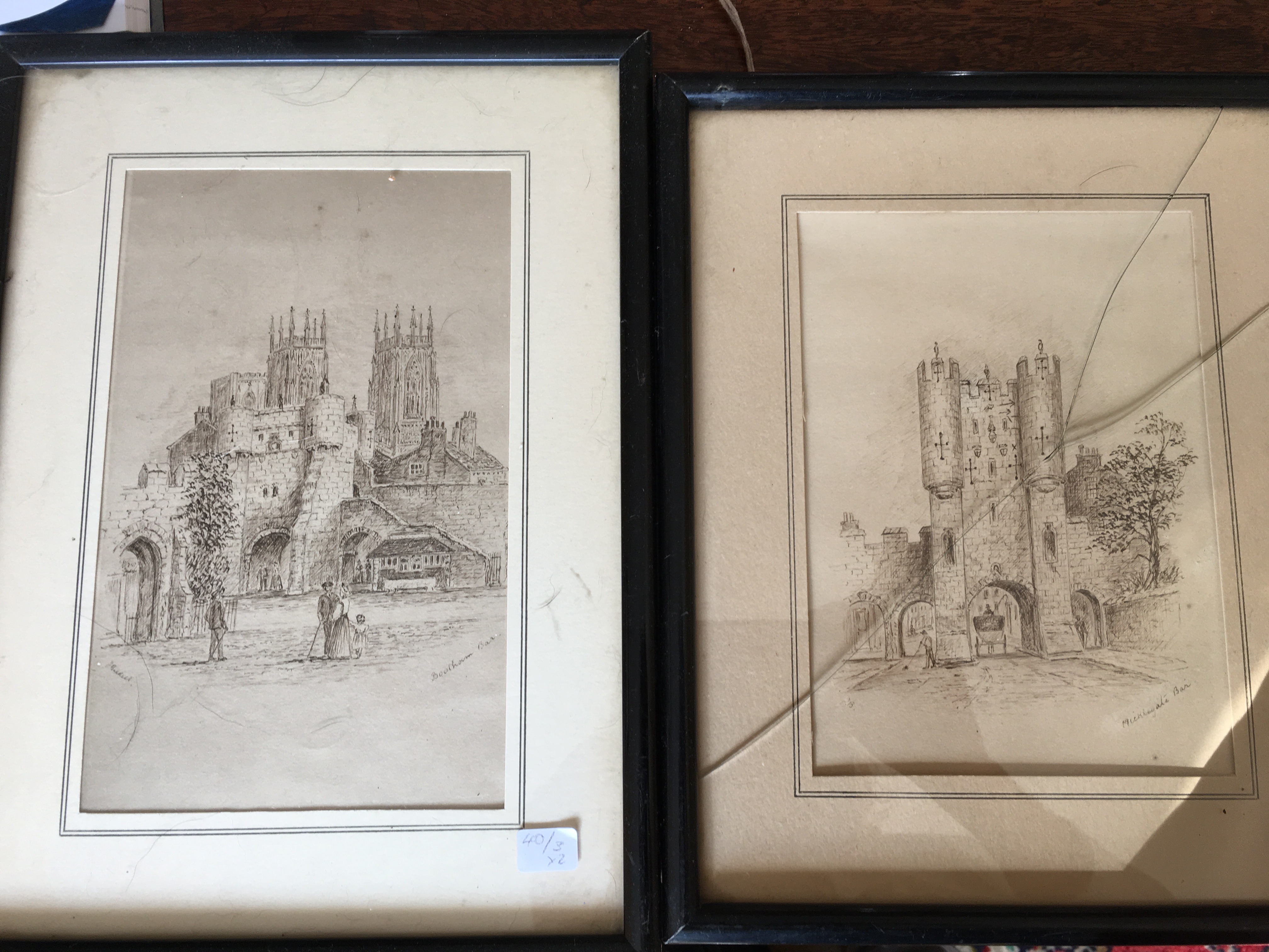 Two pen and ink drawings Bootham Bar and Micklegate York signed J Buckle